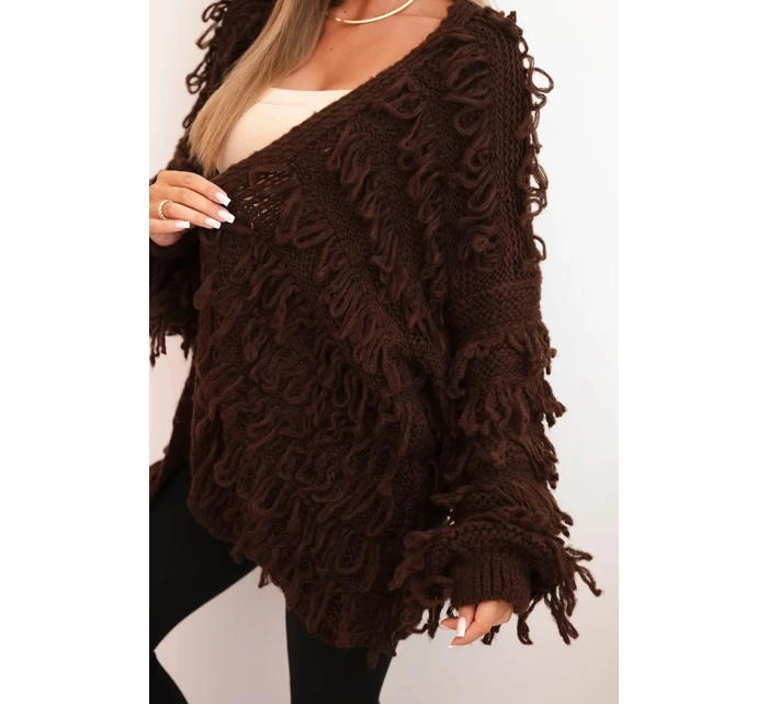 Dámský kardigan s třásněmi a volným střihem hnědý