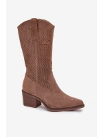 Dámské perforované kozačky Olivette – kovbojky na podpatku – tmavě béžové Dámské perforované kozačky Olivette – kovbojky na podpatku – tmavě béžové