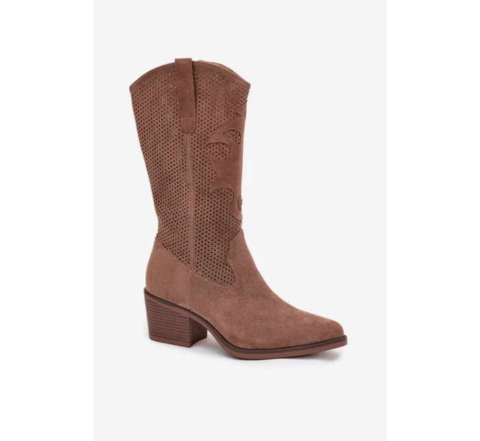 Dámské perforované kozačky Olivette – kovbojky na podpatku – tmavě béžové Dámské perforované kozačky Olivette – kovbojky na podpatku – tmavě béžové