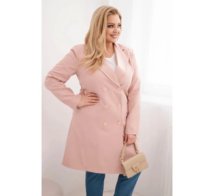 Dámský kabát Plus Size dvouřadový s límcem tmavě pudrově růžový