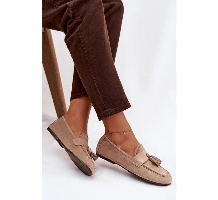 Dámské mokasíny s podrážkou a třásněmi Béžové model 21919048 - Boto