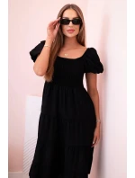 Dámské viskózové šaty s nabíranými rukávy a volánkovým topem černý