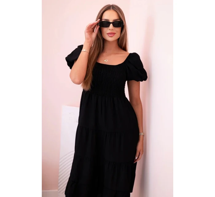 Dámské viskózové šaty s nabíranými rukávy a volánkovým topem černý