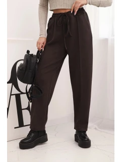 Elegantní dámské kalhoty s vysokým pasem a šněrováním v pase hnědé