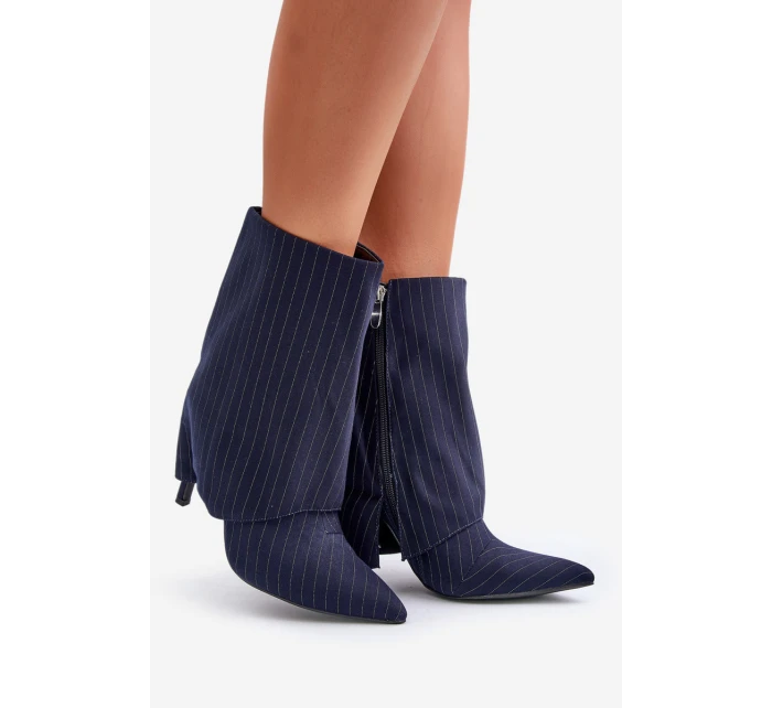 Dámské boty s pruhy na jehlách s ohrnutým svrškem a  tmavě modré model 21670406 - Boto