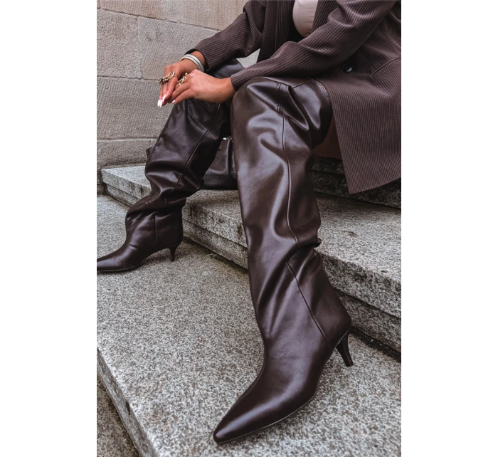 Nazouvací dámské kozačky na jehlovém podpatku Ysolienne – čokoládové