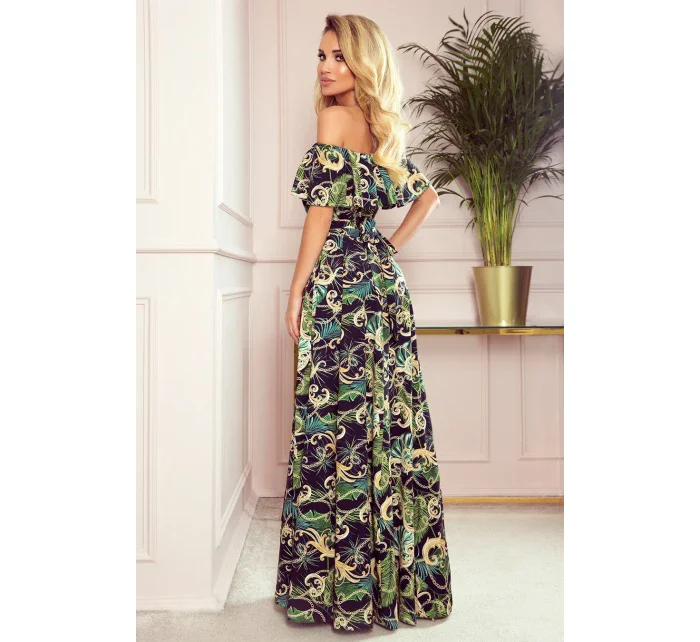 Dlouhé dámské šaty se španělským výstřihem a vzorem zelených listů a zlatých řetízků 194-4