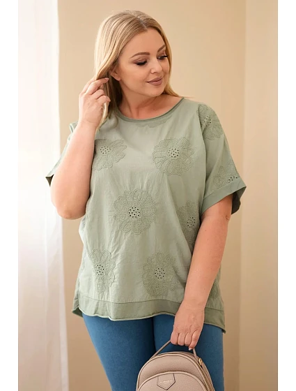 Dámská bavlněná halenka Plus Size s vyšívanými květinami khaki Dámská bavlněná halenka Plus Size s vyšívanými květinami khaki