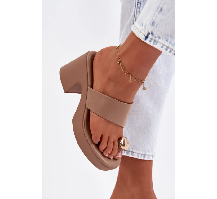 Dámské nazouváky na sloupkovém podpatku se zlatým detailem tmavě béžové model 22037686 - Boto