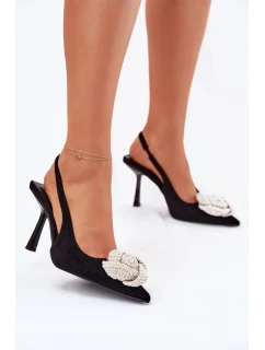 Lodičky na podpatku s ozdobou Anodera – černé (eko semiš)
