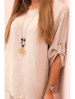 Dámský komplet s halenkou s náhrdelníkem a širokými nohavicemi béžový Dámský komplet s halenkou s náhrdelníkem a širokými nohavicemi béžový