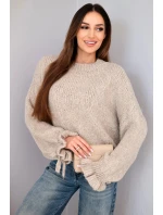 Svetr dámský s přídavkem mohéru s hrubým pletením a ozdobnými rukávy tmavě béžový