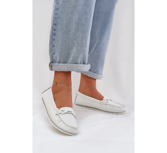 Plné Kožené Mokasíny S Dekorací model 21686028 Bílé - S.Barski Plné Kožené Mokasíny S Dekorací model 21686028 Bílé - S.Barski