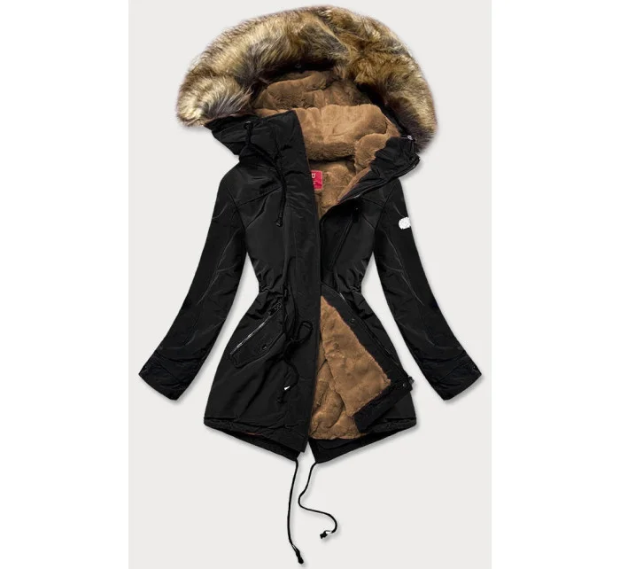 Černá dámská bunda parka s kožešinovou podšívkou (m-21207)