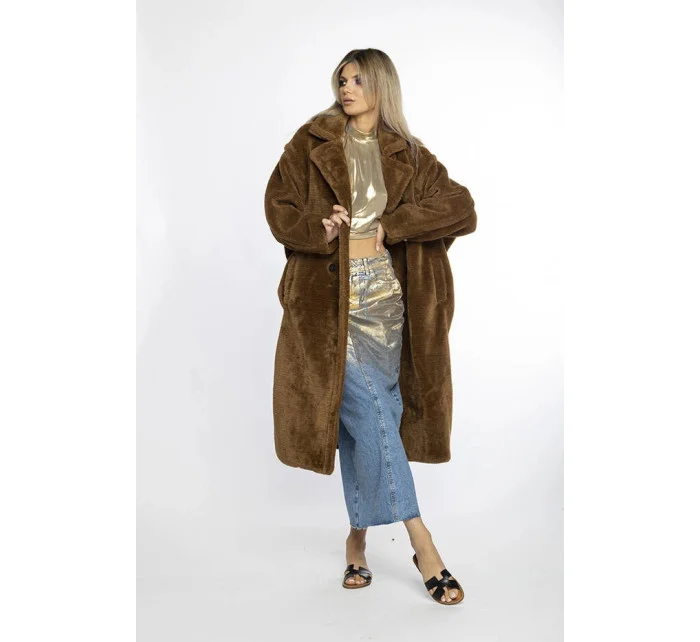 Hnědý dámský plyšový oversize kabát Ann Gissy (AG1-J9172)