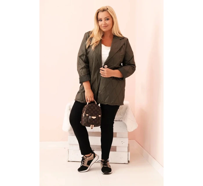 Dámská bunda Plus Size prošívaná s límcem a knoflíkem khaki