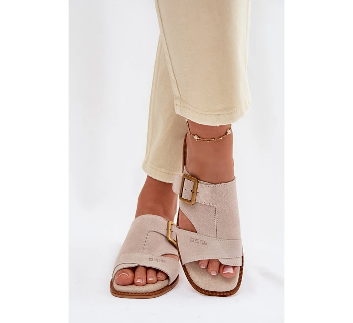 Semišové dámské nazouváky na plochém podpatku s přezkou Big Star TT274476 Béžové