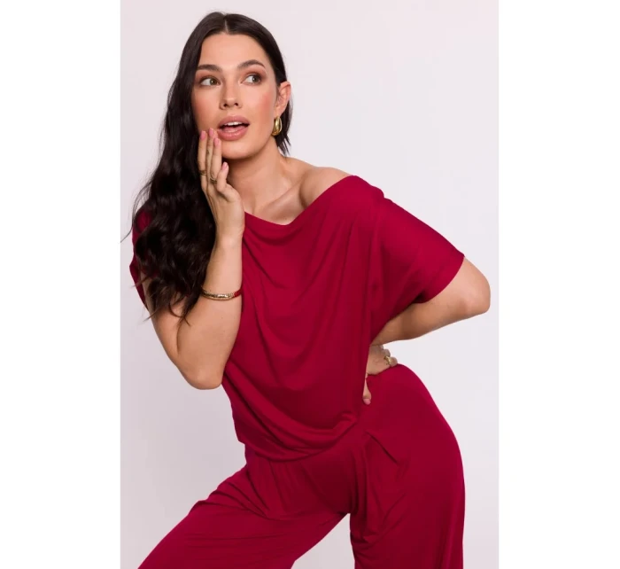 B287 Viskózový top s výstřihem na ramena - bordó B287 Viskózový top s výstřihem na ramena - bordó