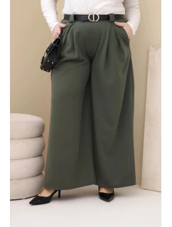 Dámské kalhoty Plus Size viskózové s širokou nohavicí a páskem khaki