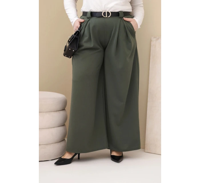 Dámské kalhoty Plus Size viskózové s širokou nohavicí a páskem khaki