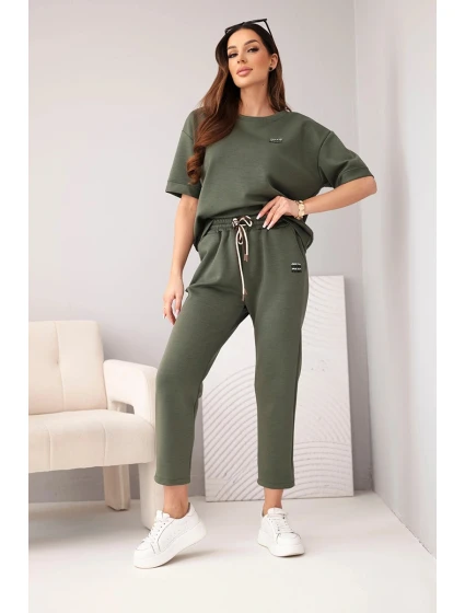 Dámská souprava viskózová máslová s krátkým rukávem a kalhotami s ohrnutým nohavicí khaki