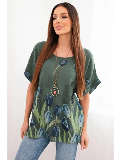 Dámská bavlněná košile s květinovým vzorem tmavé khaki Dámská bavlněná košile s květinovým vzorem tmavé khaki