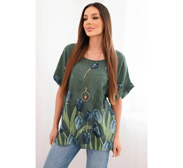 Dámská bavlněná košile s květinovým vzorem tmavé khaki Dámská bavlněná košile s květinovým vzorem tmavé khaki