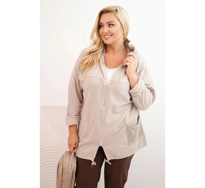 Dámská mikina Plus Size bavlněná oversize s dlouhým rukávem béžová