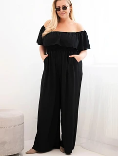 Dámský overal Plus Size s volánem a krátkým rukávem černý