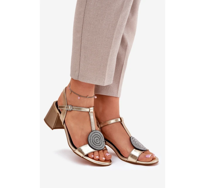 Kožené Sandály Na Podpatku S Dekorací D&A JC51-842 Zlaté