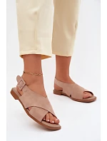 Kožené semišové dámské sandály na plochém podpatku D&A JC61-1001 Béžové