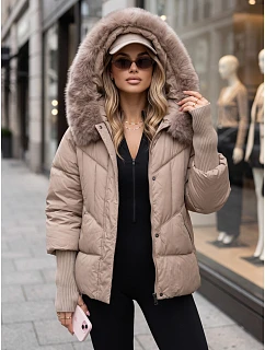 Dámská zimní prošívaná bunda s kožešinou, béžová, FashionStreet TY5740