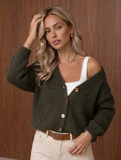 Dámský volný kardigan na knoflíky v olivové barvě FashionStreet MY2602