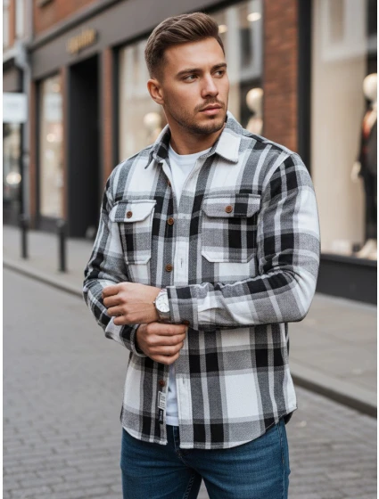 Pánská černobílá kostkovaná flanelová košile FashionStreet DX2673