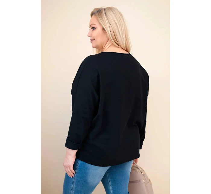 Dámská bavlněná blůza Plus Size s výstřihem do V černá
