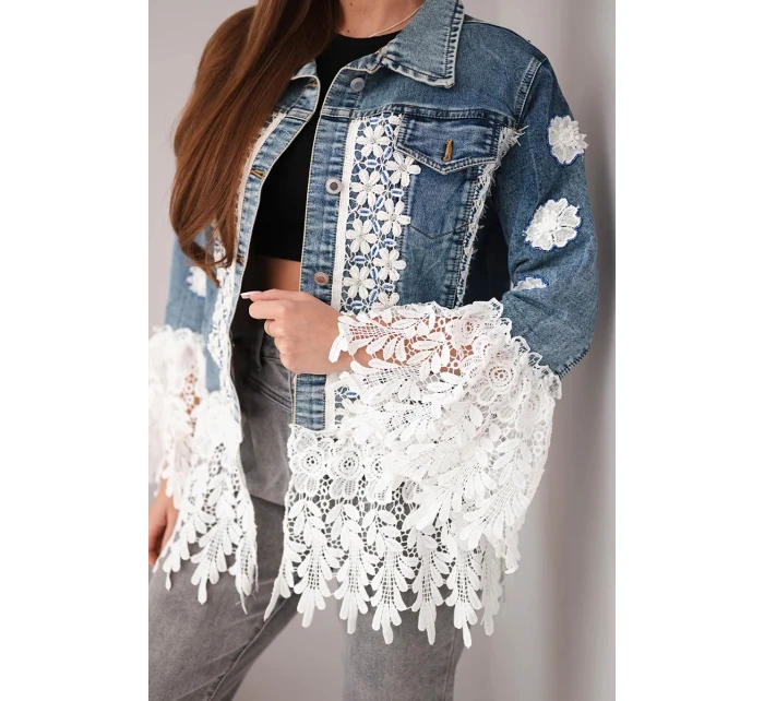 Dámská džínová bunda bavlněná s květinovou krajkou a třásněmi tmavě džínová