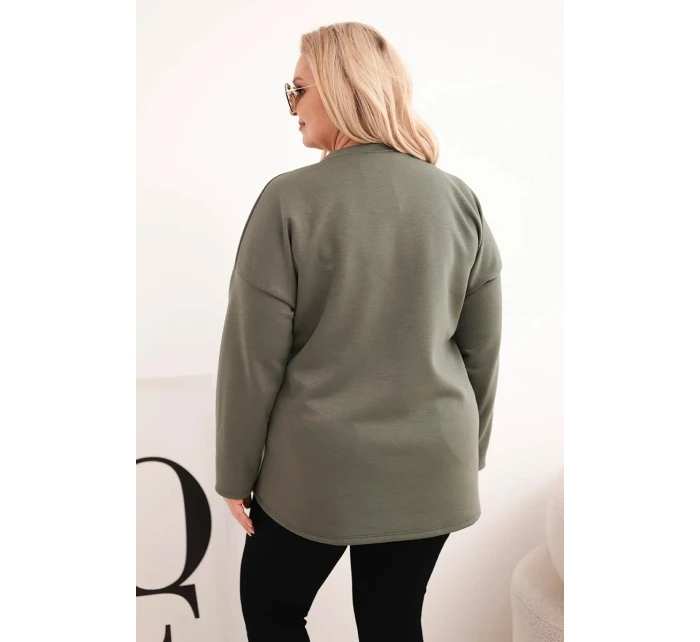 Dámská mikina Plus Size s nápisem a výstřihem do V khaki