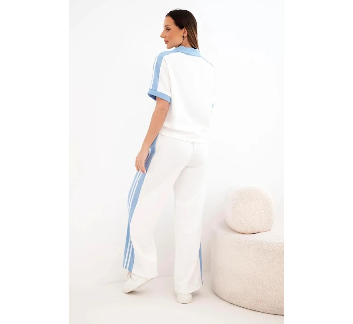 Dámský komplet s polo tričkem a širokými džínovými kalhotami máslový a džínový