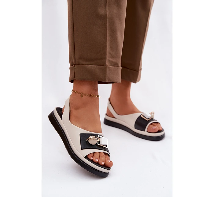 Kožené dámské sandály s ozdobou D&A model 22101318 Béžové - S.Barski