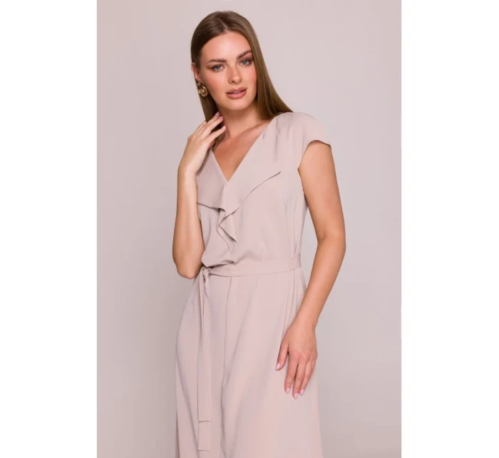 S411 Šaty bez rukávů s volánkovým výstřihem - béžové S411 Šaty bez rukávů s volánkovým výstřihem - béžové