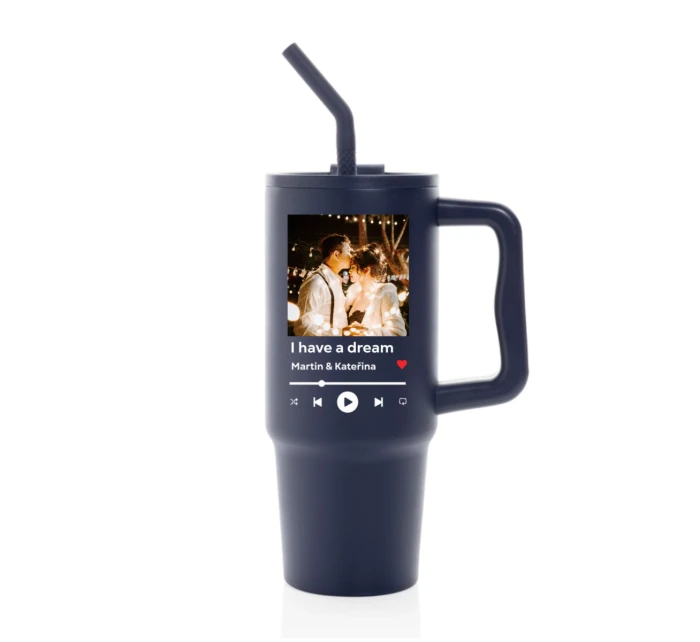 Cestovní termoska s barevným víčkem s vlastním odkazem na oblíbenou písničku