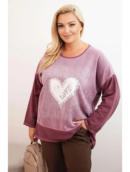 Dámská mikina Plus Size bavlněná s potiskem srdce a šňůrkami tmavě růžová