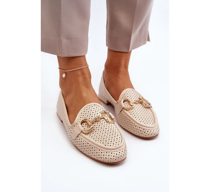 Dámské mokasíny na ploché podrážce s ozdobou béžové model 21650953 - Boto Dámské mokasíny na ploché podrážce s ozdobou béžové model 21650953 - Boto
