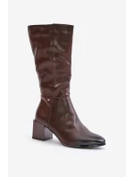 Zateplené kozačky na podpatku z eko kůže do  hnědé model 21675686 - Boto