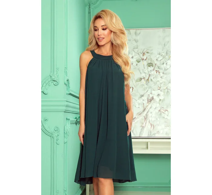 ALIZEE - Dámské šifonové šaty v lahvově zelené barvě s vázáním 350-4 ALIZEE - Dámské šifonové šaty v lahvově zelené barvě s vázáním 350-4