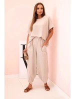 Komplet z viskózy halenka + kalhoty tmavě béžový