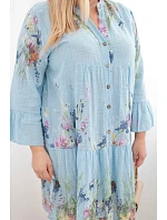 Dámské bavlněné šaty Plus Size s výstřihem do V a knoflíky s květinovým vzorem modrá