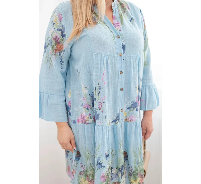 Dámské bavlněné šaty Plus Size s výstřihem do V a knoflíky s květinovým vzorem modrá