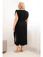Dámské plus size viskózové plisované šaty s vázáním černá Dámské plus size viskózové plisované šaty s vázáním černá