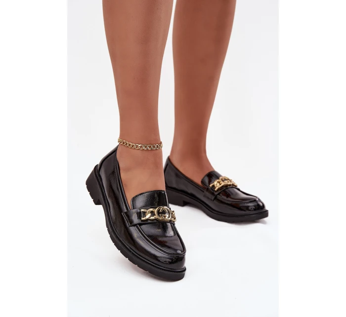 Lakované dámské mokasíny se zlatým ozdobným S Bar ski HY52 539 černé